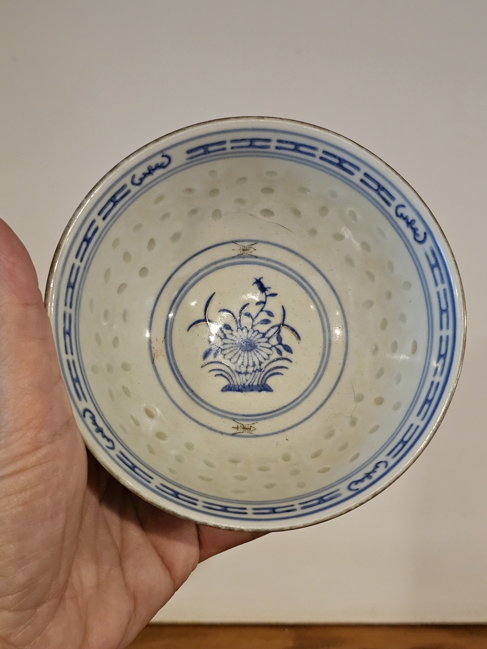 Vintage Chinese Rice Grain Porcelain Bowls | Blue & White Iron-Red Bat Pair (5.2